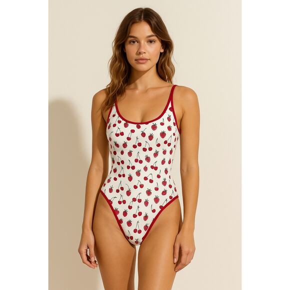 Pink by Frankies Bikinis Cherry Strawberry Print One-Piece Swimsuit XL NWT - Picture 1 of 8